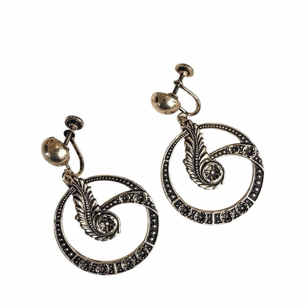 Vintage Damascene Inspired Spanish Revival Brass Dangle Screw Back Earrings